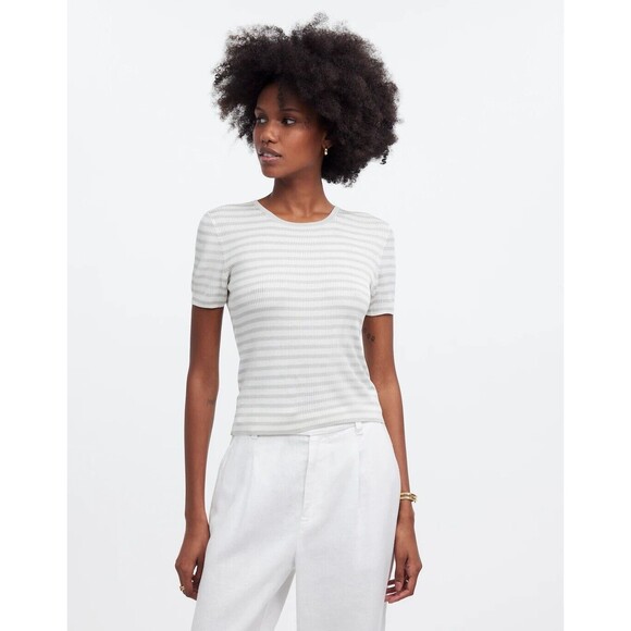 Madewell Sweater T-shirt Striped Short Sleeve Micro Ribbed Size XS - Picture 1 of 9